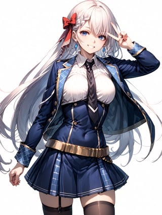 score_9,score_8_up,score_7_up,score_6_up, masterpiece, best quality
,//Character, 
1girl, solo,RiseliaRayCrystalia, very long hair, white hair, braid, blue eyes, medium breasts
,//Fashion, 
earrings, red hair bow, long sleeves, white shirt, collared shirt, black necktie, blue jacket, blue skirt, pleated skirt, black thighhighs, belt
,//Background, white_background
,//Others,
(making a V sign), smile