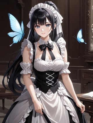 score_9,score_8_up,score_7_up,score_6_up, masterpiece, best quality, highres
,//Character, 
1girl,narberal gamma \(overlord\), long hair, black hair, glay eyes, bangs, ponytail, medium breats
,//Fashion, 
maid
,//Background, 
,//Others, ,Expressiveh, 
A girl releasing a butterfly she's raised from a caterpillar, her expression a mix of happiness and bittersweet farewell.