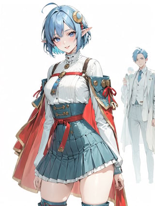 //Quality, masterpiece, best quality, detailmaster2, 8k, 8k UHD, ultra detailed, ultra-high resolution, ultra-high definition, highres, 
//Character, 1girl blue_eyes short_hair blue_hair pointy_ears ahoge,,
//Fashion, red_cape skirt thighhighs crescent_hair_ornament,
//Background, white background, 
//Others, looking at viewer, smile