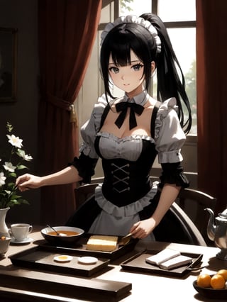 score_9,score_8_up,score_7_up,score_6_up, masterpiece, best quality, highres
,//Character, 
1girl,narberal gamma \(overlord\), long hair, black hair, glay eyes, bangs, ponytail, medium breats
,//Fashion, 
maid
,//Background, 
,//Others, ,Expressiveh, 
A girl having a tea party with her shadow, which has come to life and is pouring tea from a ray of sunlight.