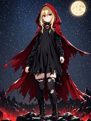 //Quality,
masterpiece, best quality, detailed
,//Character,
,Evileye \(overlord\), 1girl, solo, blonde hair, red eyes, hair between eyes, small breasts
,//Fashion,
hood, black dress, torn clothes, covered navel, red cloak, hooded cloak, black thighhighs, torn thighhighs, boots, black footwear
,//Background,
night_sky, starry_sky
,//Others,
hood down, arms at sides