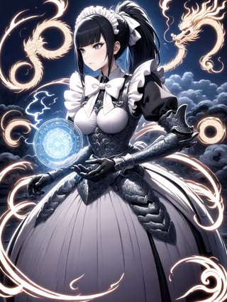 //Quality,
masterpiece, best quality, detailed
,//Character,
,narberal gamma \(overlord\), 1girl, solo, long hair, black hair, glay eyes, bangs, ponytail, medium breats
,//Fashion,
ribbon, bow, maid, dress, armor, gloves
,//Background,
night_sky, flying
,//Others,
magic chanting, magic circle, electric magic, lightning, oriental dragon