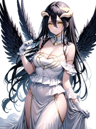 score_9,score_8_up,score_7_up,score_6_up, masterpiece, best quality
,//Character, 
1girl, solo,albedo \(overlord\), long hair, black hair, hair between eyes, yellow eyes, horns, ahoge, black wings, feathered wings, low wings
,//Fashion, 
white gloves, white dress, bare shoulders, detached collar, cleavage, slit pupils
,//Background, white_background
,//Others,
kneeling, tearful