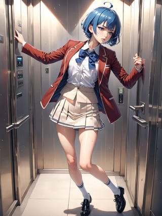 //Quality,
masterpiece, best quality, detailed
,//Character,
, IbukiMio, 1girl, solo, breasts, short hair, bangs, blue eyes, blue hair, purple eyes, ahoge, shiny hair
,//Fashion,
school uniform, red jacket, open clothes, blue bow, collared shirt, pleated skirt, black footwear, white socks
,//Background,
Elevator, closed room, sweaty summer, kicking the door
,//Others,
