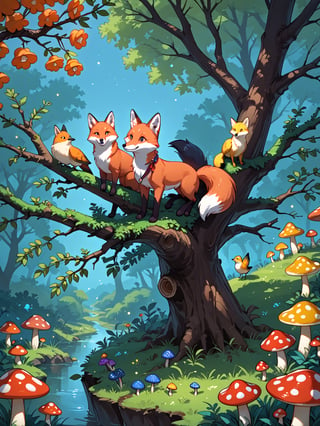 A whimsical forest scene at nighttime. Two foxes, one sitting and one standing, are the central figures, surrounded by a myriad of colorful flowers, mushrooms, and trees. Above the foxes, a large red and yellow mushroom stands out. The background is dark, possibly representing the night sky, dotted with tiny specks that could be stars or fireflies. Birds, including a pink one, can be seen perched on branches. The entire scene exudes a magical and serene ambiance.,score_9