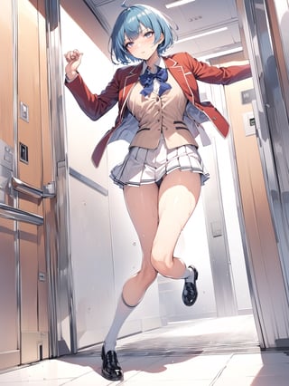 //Quality,
masterpiece, best quality, detailed
,//Character,
,IbukiMio, 1girl, solo, breasts, short hair, bangs, blue eyes, blue hair, purple eyes, ahoge, shiny hair
,//Fashion,
school uniform, red jacket, open clothes, blue bow, collared shirt, pleated skirt, black footwear, white socks
,//Background,
Elevator, closed room, sweaty summer, kicking the door
,//Others,
