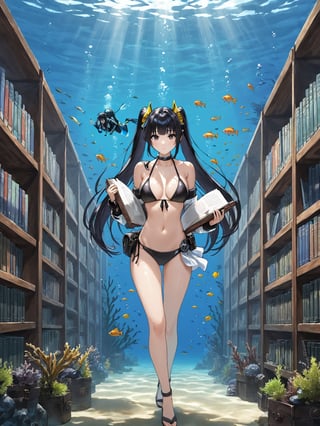 score_9,score_8_up,score_7_up,score_6_up, masterpiece, best quality, highres
,//Character, 
1girl,narberal gamma \(overlord\), long hair, black hair, glay eyes, bangs, ponytail, medium breats
,//Fashion, 
bikini
,//Background, 
,//Others, ,Expressiveh, 
A girl in scuba gear exploring an underwater library, with fish swimming between bookshelves and seaweed growing from old tomes.