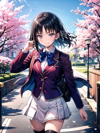 //Quality,
(masterpiece), (best quality), 8k illustration
,//Character,
1girl, solo
,//Fashion,
,//Background,
school gate, cherry blossoms
,//Others,
,aasuzune, short hair, black hair, (single braid:1.2), hair ribbon, red jacket, blazer, blue bowtie, long sleeves, white skirt, black thighhighs, happy tears, smile