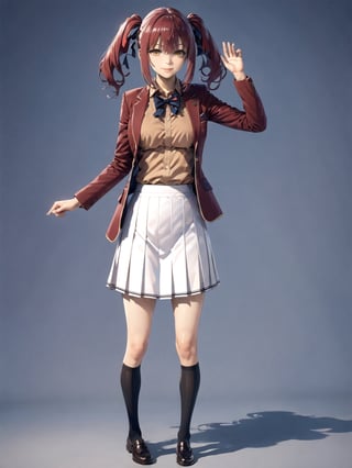 //Quality,
masterpiece, best quality, detailed
,//Character,
1girl, solo,AmasawaIchika, yellow eyes, red hair, twintails, medium breasts, bangs, hair between eyes, shiny hair, 
,//Fashion,
school uniform, red jacket, blazer, open jacket, long sleeves, open clothes, collared shirt, brown shirt, blue bowtie, hair ribbon, red ribbon, pleated skirt, white skirt, miniskirt, black footwear, black socks, loafers
,//Background,
,//Others,
standing, full body, closed mouth, smile, hand up, AmasawaIchika