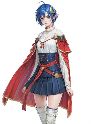 //Quality, masterpiece, best quality, detailmaster2, 8k, 8k UHD, ultra detailed, ultra-high resolution, ultra-high definition, highres, 
//Character, 1girl, solo, blue eyes, short hair, blue hair, pointy ears, ahoge,
//Fashion, red cape, skirt, thighhighs, crescent hair ornament,
//Background, white background, 
//Others, looking at viewer, smile, from_side