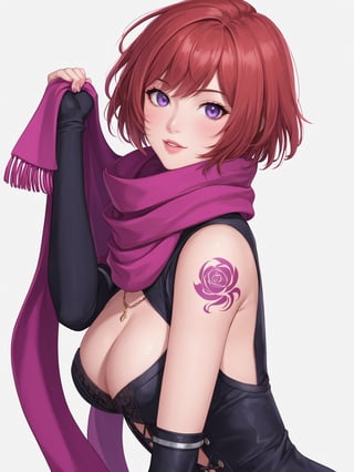 //Quality, masterpiece, best quality, detailmaster2, 8k, 8k UHD, ultra detailed, ultra-high resolution, ultra-high definition, highres, 
//Character, 1girl, solo, NelZelpher_SO3, purple eyes, short hair, red hair, tattoo,
//Fashion, black thighhighs, scarf, 
//Background, white background, 
//Others, 