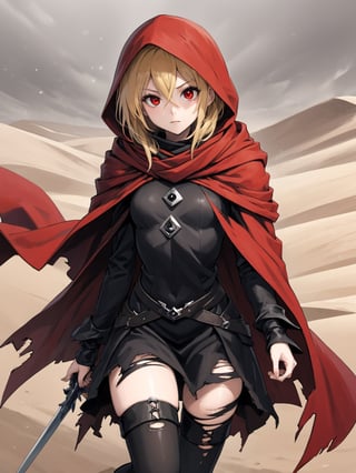 //Quality,
masterpiece, best quality, detailed
,//Character,
,Evileye \(overlord\), 1girl, solo, blonde hair, red eyes, hair between eyes, small breasts
,//Fashion,
hood, black dress, torn clothes, covered navel, red cloak, hooded cloak, black thighhighs, torn thighhighs, boots, black footwear
,//Background,
(dune) hill of Swords, Sandstorm, starry_sky
,//Others,
hood up