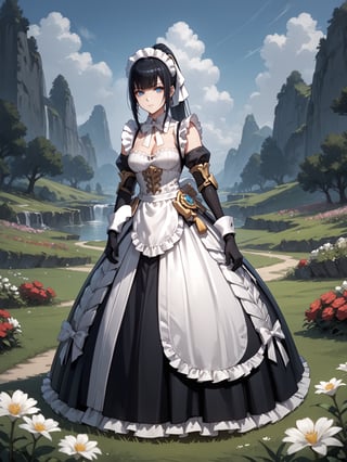 score_9,score_8_up,score_7_up,score_6_up, masterpiece, best quality, highres
,//Character, 
1girl, solo,narberal gamma \(overlord\), long hair, black hair, glay eyes, bangs, ponytail, medium breats
,//Fashion, 
maid
,//Background, 
,//Others, ,Expressiveh, 
A tiny girl sitting on a massive book, using a blade of grass as a slide to reach the ground filled with oversized flowers.