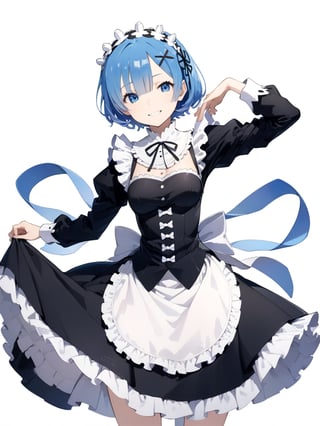 //Quality,
masterpiece, best quality, detailed
,//Character,
solo,rem \(re_zero\), 1girl, blue eyes, blue hair, short hair
,//Fashion,
roswaal mansion maid uniform, hair ribbon
,//Background,
white_background, simple_background
,//Others,
smile, V