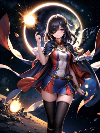 //Quality,
(masterpiece), (best quality), 8k illustration
,//Character,
1girl, solo, smile
,//Fashion,
,//Background,
night sky, meteor,  
,//Others,
make a wish, megu dress , megu cape , asymmetrical legwear, right thighhighs, eyepatch