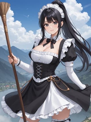 score_9,score_8_up,score_7_up,score_6_up, masterpiece, best quality, highres
,//Character, 
1girl,narberal gamma \(overlord\), long hair, black hair, glay eyes, bangs, ponytail, medium breats
,//Fashion, 
maid
,//Background, 
,//Others, ,Expressiveh, 
A girl riding a giant pencil like a witch's broomstick, soaring through a sky filled with floating mathematical equations.