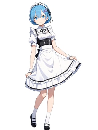 //Quality,
masterpiece, best quality, detailed
,//Character,
solo,rem \(re_zero\), 1girl, blue eyes, blue hair, short hair
,//Fashion,
roswaal mansion maid uniform, hair ribbon
,//Background,
white_background, simple_background
,//Others,
full_body