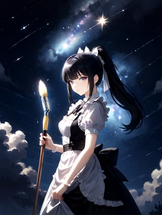 score_9,score_8_up,score_7_up,score_6_up, masterpiece, best quality, highres
,//Character, 
1girl, solo,narberal gamma \(overlord\), long hair, black hair, glay eyes, bangs, ponytail, medium breats
,//Fashion, 
maid
,//Background, 
,//Others, ,Expressiveh, 
A girl painting the night sky with a gigantic paintbrush, creating stars and galaxies with each stroke.