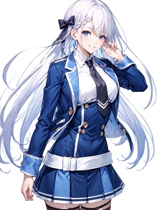 score_9,score_8_up,score_7_up,score_6_up, masterpiece, best quality
,//Character, 
1girl, solo,RiseliaRayCrystalia, very long hair, white hair, braid, blue eyes, medium breasts
,//Fashion, 
earrings, hair bow, long sleeves, white shirt, collared shirt, black necktie, blue jacket, blue skirt, pleated skirt, black thighhighs, belt
,//Background, white_background
,//Others,
making a V sign, smile,Expressiveh