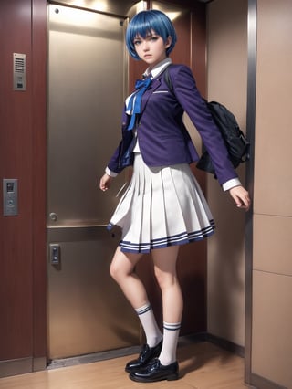 //Quality,
masterpiece, best quality, detailed
,//Character,
, IbukiMio, 1girl, solo, breasts, short hair, bangs, blue eyes, blue hair, purple eyes, ahoge, shiny hair
,//Fashion,
school uniform, red jacket, open clothes, blue bow, collared shirt, pleated skirt, black footwear, white socks
,//Background,
Elevator, closed room, sweaty summer, kicking the door
,//Others,
