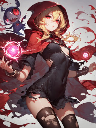 score_9,score_8_up,score_7_up,score_6_up, masterpiece, best quality, 8k, 8k UHD, ultra-high resolution, ultra-high definition, highres
,//Character, 
1girl, solo,Evileye \(overlord\), blonde hair, red eyes, hair between eyes, small breasts
,//Fashion, 
hood, black dress, torn clothes, covered navel, red cloak, hooded cloak, black thighhighs, torn thighhighs, 
hood up
,//Background, white_background
,//Others, ,Expressiveh,2b-Eimi, 
dynamic pose, energy ball charging