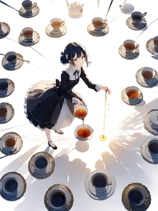 masterpiece, best quality, highres
,//Character, 
1girl, solo
,//Fashion, 
,//Background, white background
,//Others, ,Expressiveh, 
,AobaTsukuyo,
A girl having a tea party with her shadow, which has come to life and is pouring tea from a ray of sunlight.