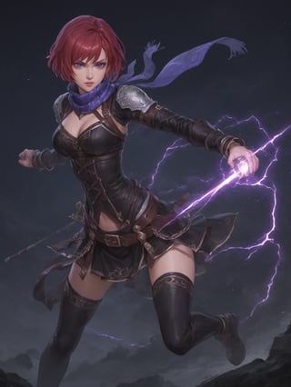 score_9,score_8_up,score_7_up,score_6_up, masterpiece, best quality, 8k, 8k UHD, ultra-high resolution, ultra-high definition, highres
,//Character, 
1girl, solo,NelZelpher_SO3, purple eyes, short hair, red hair, tattoo
,//Fashion, 
black thighhighs, scarf
,//Background, white_background
,//Others, ,Expressiveh, 
lightning magic charging, glowing magical runes, electric magic, lightning, Her hands command orbs of electric, a raging lightning dances, action shot, fighting stance, dynamic pose