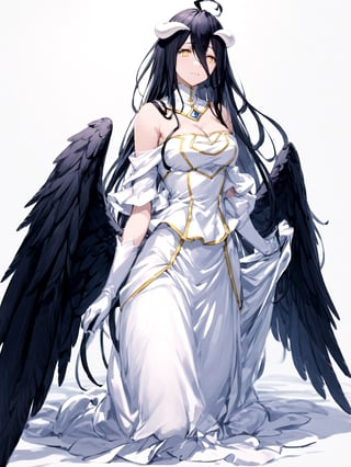 score_9,score_8_up,score_7_up,score_6_up, masterpiece, best quality
,//Character, 
1girl, solo,albedo \(overlord\), long hair, black hair, hair between eyes, yellow eyes, horns, ahoge, black wings, feathered wings, low wings
,//Fashion, 
white gloves, white dress, bare shoulders, detached collar, cleavage, slit pupils
,//Background, white_background
,//Others,
kneeling, tearful