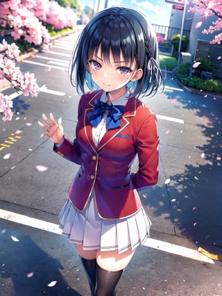 //Quality,
(masterpiece), (best quality), 8k illustration
,//Character,
1girl, solo
,//Fashion,
,//Background,
school gate, cherry blossoms
,//Others,
,aasuzune, short hair, black hair, (single braid:1.2), hair ribbon, red jacket, blazer, blue bowtie, long sleeves, white skirt, black thighhighs, happy tears, smile