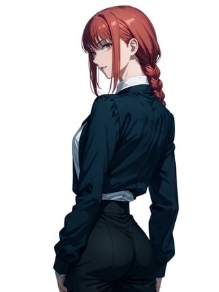 score_9,score_8_up,score_7_up,score_6_up, masterpiece, best quality, 8k, 8k UHD, ultra-high resolution, ultra-high definition, highres
,//Character, 
1girl, solo,makima_v1, red hair, ringed eyes, braided ponytail
,//Fashion, 
black necktie, shirt, collared shirt, black_pants
,//Background, white_background
,//Others, ,Expressiveh,ArtoriaPendragon, explosion, back view, looking at viewer, looking back, fang