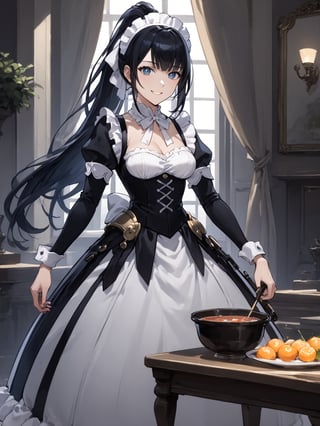 score_9,score_8_up,score_7_up,score_6_up, masterpiece, best quality, highres
,//Character, 
1girl,narberal gamma \(overlord\), long hair, black hair, glay eyes, bangs, ponytail, medium breats
,//Fashion, 
maid
,//Background, 
,//Others, ,Expressiveh, 
A young girl carefully watering her first sprout in a small pot, sunlight highlighting her proud smile.