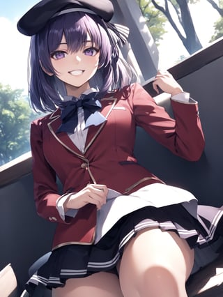 score_9,score_8_up,score_7_up,score_6_up, masterpiece, best quality, highres
,//Character, 
1girl, solo,SakayanagiArisu, medium_hair, shiny_hair, purple_eyes
,//Fashion, 
school_uniform, red_jacket
,//Background, forest
,//Others, ,Expressiveh,
female focus, looking at viewer, spread legs, crossed arms, from below, grin
