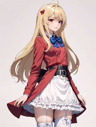 //Quality, masterpiece, best quality, detailmaster2, 8k, 8k UHD, ultra detailed, ultra-high resolution, ultra-high definition, highres, 
//Character, 1girl, solo,Terakomari, long hair, blonde hair, red eyes, ahoge, 
//Fashion, red coat, belt buckle, blue bowtie, long sleeves, white skirt, bow, white thighhighs, garter straps, boots, 
//Background, white background, 
//Others, 