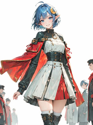 //Quality, masterpiece, best quality, detailmaster2, 8k, 8k UHD, ultra detailed, ultra-high resolution, ultra-high definition, highres, 
//Character, 1girl, solo, blue eyes, short hair, blue hair, pointy ears, ahoge,
//Fashion, red cape, skirt, thighhighs, crescent hair ornament,
//Background, white background, 
//Others, looking at viewer, smile, 