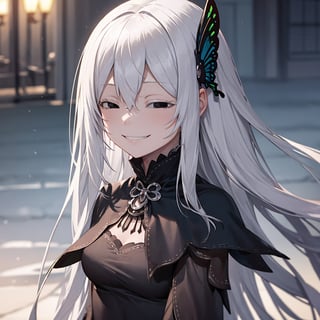 1 Girl, special ability, night, starry sky, shadow, detailed background, echidna, colored eyelashes, white hair, hair between eyes, long hair, straight hair, (black eyes:1.5),BREAK black capelet, black dress, butterfly hair ornament, capelet, dress, hair ornament, IncrsAnyasHehFaceMeme,grin