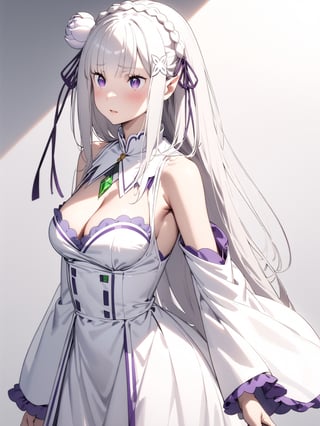 //Character, solo,emilia \(re_zero\), 1girl, long hair, white hair, purple eyes crown braid, pointy ears, 
//Fashion, white dress, hair ornament, hair ribbon, purple ribbon, bare shoulders, cleavage, white footwear,
//Background, simple background, 
//Quality, (masterpiece), best quality, ultra-high resolution, ultra-high definition, highres, intricate, intricate details, absurdres, highly detailed, finely detailed, ultra-detailed, ultra-high texture quality, natural lighting, natural shadow, dramatic shading, dramatic lighting, vivid colour, perfect anatomy, 
//Others, 