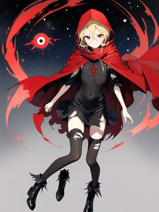 //Quality,
masterpiece, best quality, detailed
,//Character,
,Evileye \(overlord\), 1girl, solo, blonde hair, red eyes, hair between eyes, small breasts
,//Fashion,
hood, black dress, torn clothes, covered navel, red cloak, hooded cloak, black thighhighs, torn thighhighs, boots, black footwear
,//Background,
night_sky, starry_sky
,//Others,
hood down, arms at sides