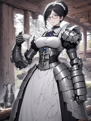 //Quality,
masterpiece, best quality, detailed
,//Character,
,Yuri Alpha \(overlord\), 1girl, solo, grey eyes, glasses, black hair, hair bun, breasts
,//Fashion,
dress, broach, choker, maid, armor, gauntlets, corset
,//Background,
log house, pouring tea
,//Others,
