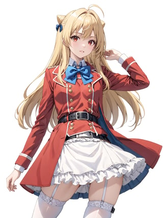 //Quality, masterpiece, best quality, detailmaster2, 8k, 8k UHD, ultra detailed, ultra-high resolution, ultra-high definition, highres, 
//Character, 1girl, solo,Terakomari, long hair, blonde hair, red eyes, ahoge, 
//Fashion, red coat, belt buckle, blue bowtie, long sleeves, white skirt, bow, white thighhighs, garter straps, boots, 
//Background, white background, 
//Others, 