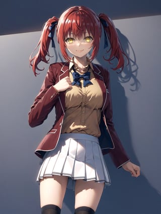 //Quality,
masterpiece, best quality, detailed
,//Character,
1girl, solo, AmasawaIchika, yellow eyes, red hair, twintails, medium breasts, bangs, hair between eyes, shiny hair, 
,//Fashion,
school uniform, red jacket, blazer, open jacket, long sleeves, open clothes, collared shirt, brown shirt, blue bowtie, hair ribbon, red ribbon, pleated skirt, white skirt, miniskirt, black footwear, black socks, loafers
,//Background,
,//Others,
standing, full body, closed mouth, smile