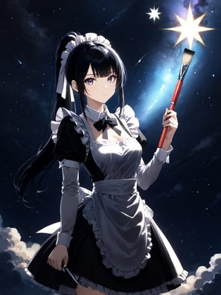 score_9,score_8_up,score_7_up,score_6_up, masterpiece, best quality, highres
,//Character, 
1girl, solo,narberal gamma \(overlord\), long hair, black hair, glay eyes, bangs, ponytail, medium breats
,//Fashion, 
maid
,//Background, 
,//Others, ,Expressiveh, 
A girl painting the night sky with a gigantic paintbrush, creating stars and galaxies with each stroke.