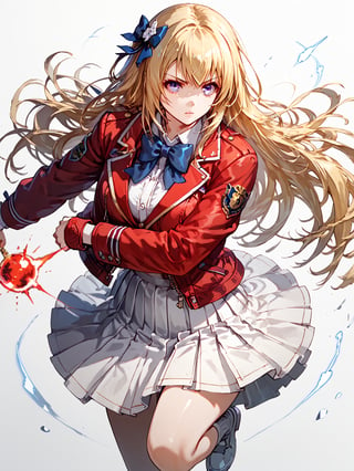 score_9,score_8_up,score_7_up,score_6_up, masterpiece, best quality, 8k, 8k UHD, ultra-high resolution, ultra-high definition, highres
,//Character, 
1girl, solo,ichinose honami, blonde hair, long hair, purple eyes
,//Fashion, 
school uniform, red jacket, blue bow, white skirt, pleated skirt
,//Background, white_background
,//Others, ,Expressiveh,
fighting stance, dynamic pose