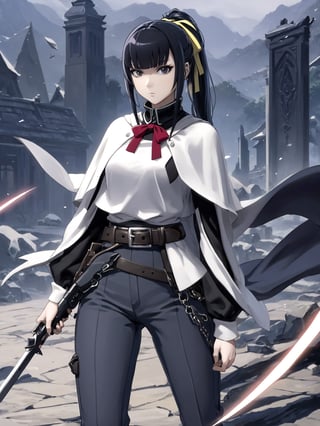 //Quality,
masterpiece, best quality, detailed
,//Character,
1girl, solo
,//Fashion,
,//Background,
,//Others,
,narberal gamma \(overlord\), 1girl, long hair, black hair, glay eyes, bangs, ponytail, medium breats, hair ribbon, long sleeves, capelet, belt, pants, weapon