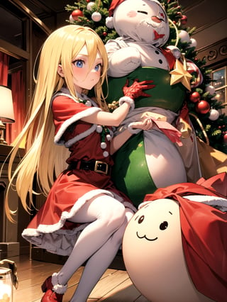 girl and santa, intricate design, santa costume, (santa's home, decorate santa house, Decorate the Christmas tree),Christmas, ,evileye_overlord, blonde hair