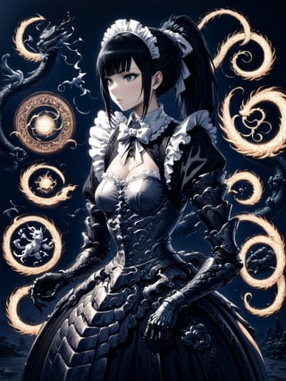 //Quality,
masterpiece, best quality, detailed
,//Character,
,narberal gamma \(overlord\), 1girl, solo, long hair, black hair, glay eyes, bangs, ponytail, medium breats
,//Fashion,
ribbon, bow, maid, dress, armor, gloves
,//Background,
night_sky, flying
,//Others,
magic chanting, magic circle, electric magic, lightning, oriental dragon