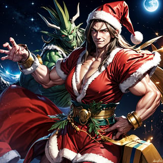 masterpiece, best quality, intricate design, Santa, gentle smile, universe monster, battle,kamehameha