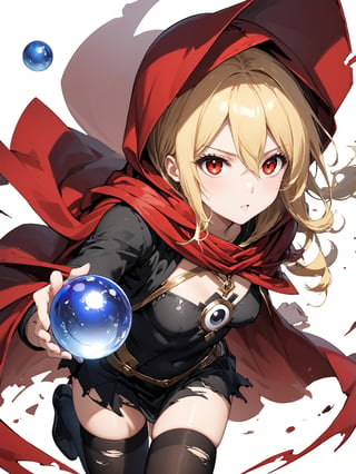 score_9,score_8_up,score_7_up,score_6_up, masterpiece, best quality, 8k, 8k UHD, ultra-high resolution, ultra-high definition, highres
,//Character, 
1girl, solo,Evileye \(overlord\), blonde hair, red eyes, hair between eyes, small breasts
,//Fashion, 
hood, black dress, torn clothes, covered navel, red cloak, hooded cloak, black thighhighs, torn thighhighs, 
hood up
,//Background, white_background
,//Others, ,Expressiveh,
dynamic pose, energy ball charging