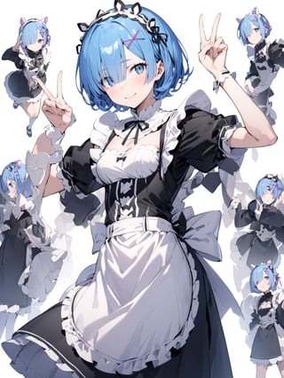 //Quality,
masterpiece, best quality, detailed
,//Character,
solo,rem \(re_zero\), 1girl, blue eyes, blue hair, short hair
,//Fashion,
roswaal mansion maid uniform, hair ribbon
,//Background,
white_background, simple_background
,//Others,
smile, V