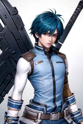 //Character, 1boy, solo,FaytLinegod_SO3, green eyes, blue hair, 
//Fashion, fingerless gloves, belt, weapon, sword, 
//Background, white background, 
//Quality, (masterpiece), best quality, ultra-high resolution, ultra-high definition, highres, intricate, intricate details, absurdres, highly detailed, finely detailed, ultra-detailed, ultra-high texture quality, natural lighting, natural shadow, dramatic shading, dramatic lighting, vivid colour, perfect anatomy, 
//Others, 