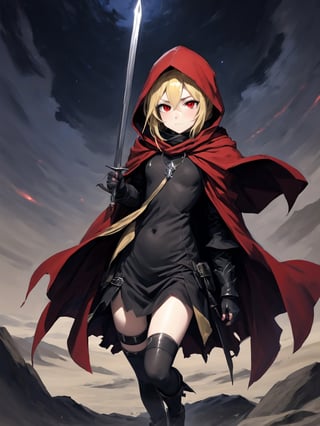 //Quality,
masterpiece, best quality, detailed
,//Character,
,Evileye \(overlord\), 1girl, solo, blonde hair, red eyes, hair between eyes, small breasts
,//Fashion,
hood, black dress, torn clothes, covered navel, red cloak, hooded cloak, black thighhighs, torn thighhighs, boots, black footwear
,//Background,
dune hill of Swords, starry_sky
,//Others,
hood up